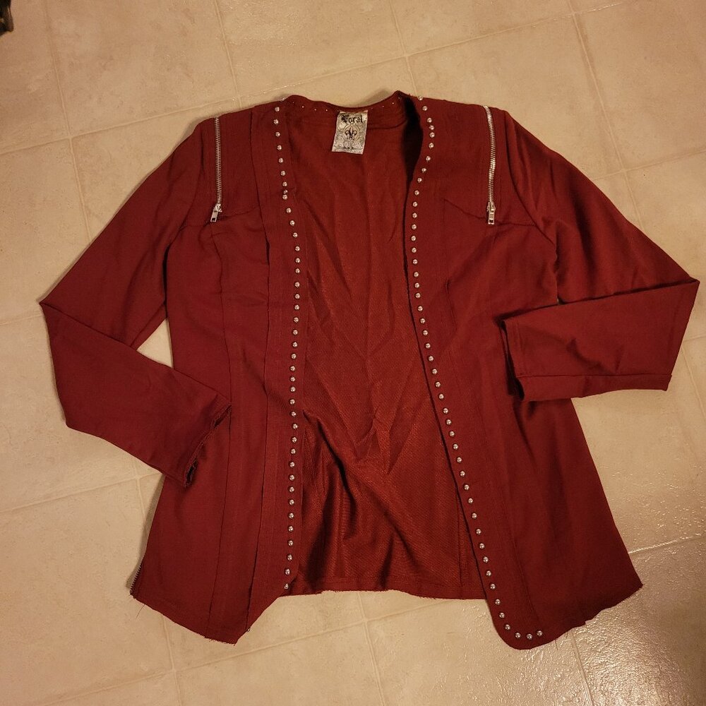 Vocal maroon moto jacket with stud and zipper detailing